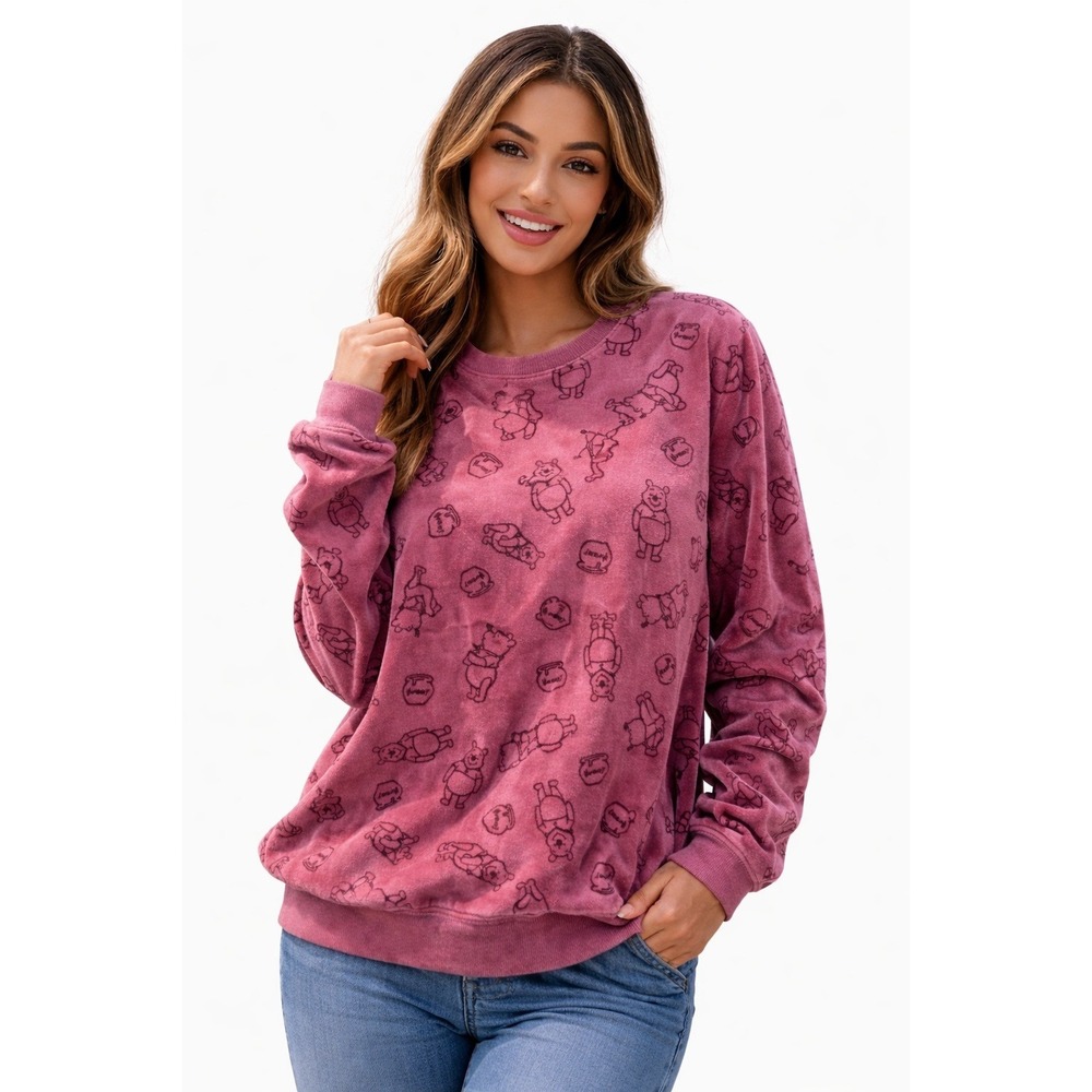 Disney Winnie the Pooh Retro Pink Velour Sweatshirt Sz Large Soft Bear Honey 80s